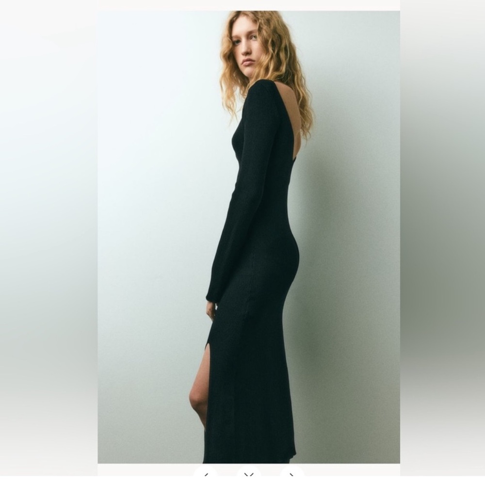 H&M Black Rib-Knit Bodycon Long Sleeve Side Slit Scoop Back  Midi Dress